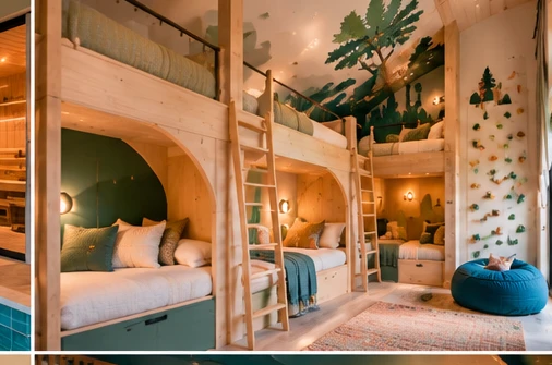Conceptual family-friendly forest bunk suite with nature mural