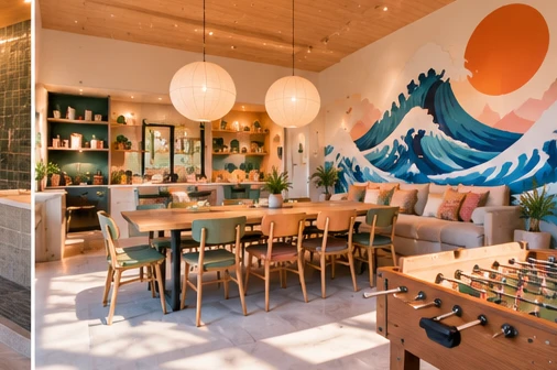 Concept interior with a dramatic wave mural and curated furnishings